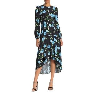 Yumi Kim Black Floral WITH THE FLOW Midi Dress Size M Long Sleeve Boho Flowy NEW
